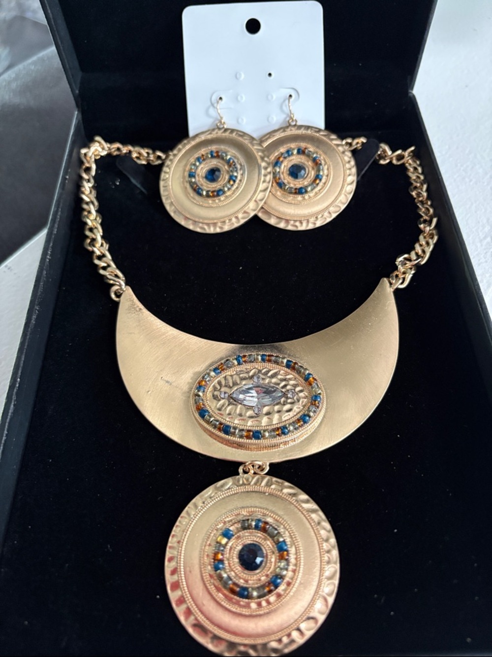 Vintage Gold-Tone Statement Necklace and Earring Set with Blue Accent - Picture 1 of 3